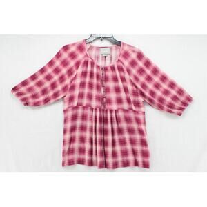 Maeve Anthropologie Top Women's Medium Pink Plaid Button Up Boho Balloon Sleeve